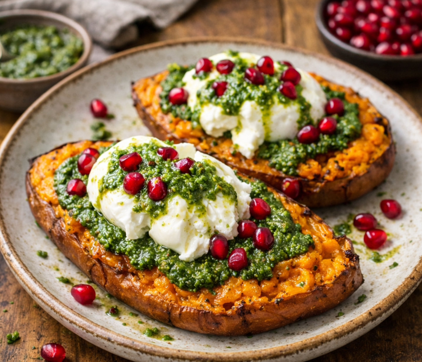 Geplette zoete aardappel met groene pesto, burrata en granaatappel