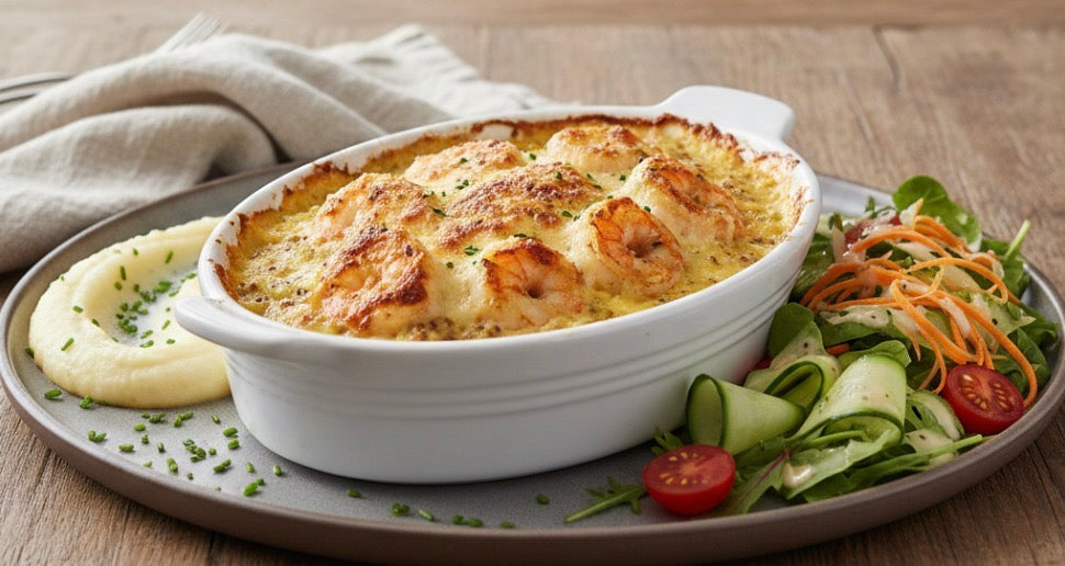 Gegratineerde scampi met graanmosterdsaus